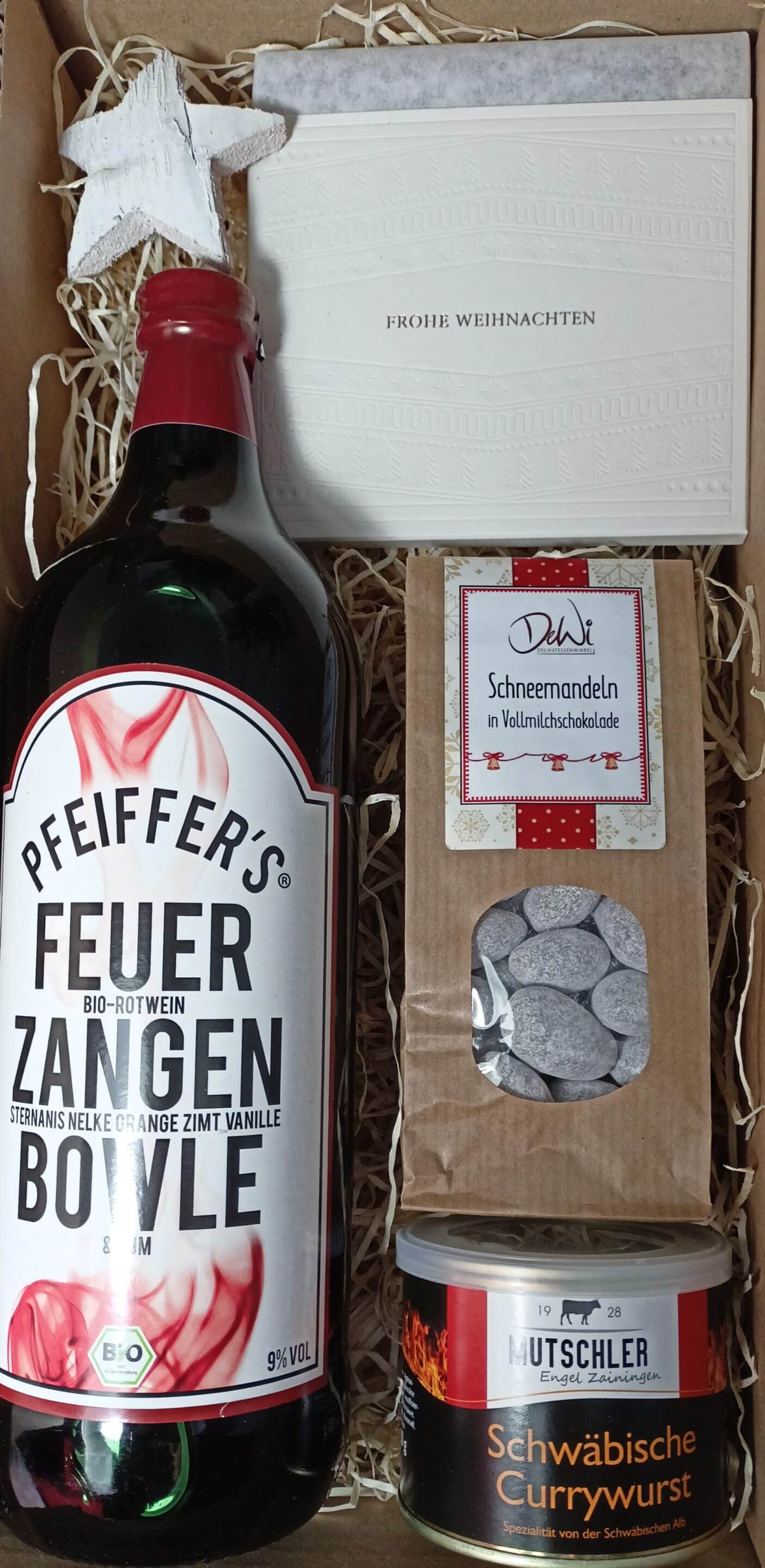 Geschenkbox Weihnachtsmärktle - Feuerzangenbowle, Currywurst, Schneemandeln  und Schokolade 